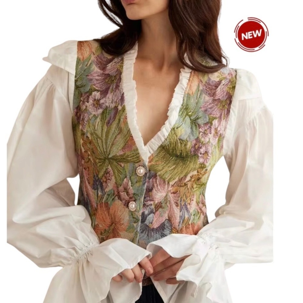 Shein Aveloria Floral Tapestry Puff Sleeve Blouse V-Neck Top Medium | 0350